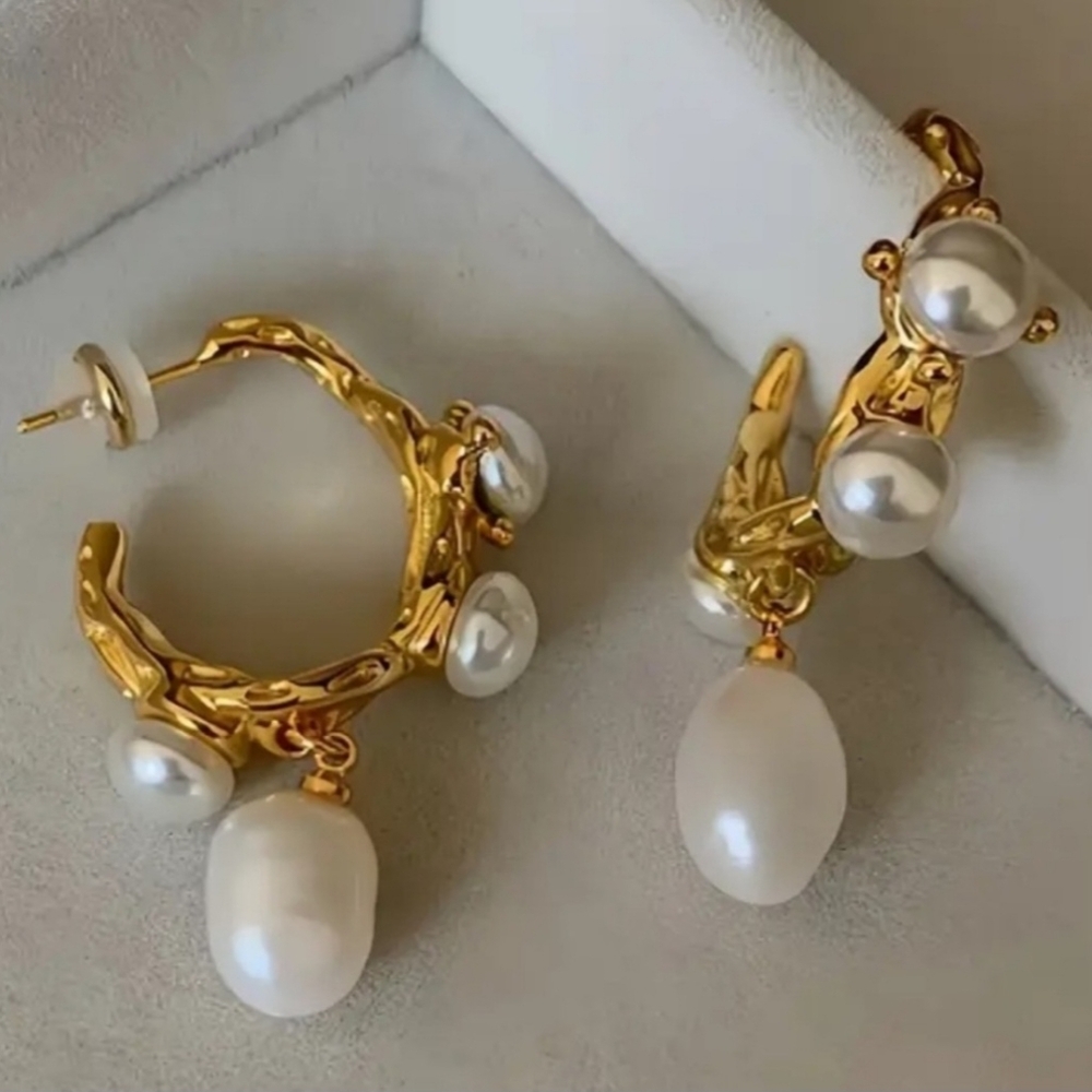 18k Gold Plated & Baroque Pearls Earrings 2” - Picture 3 of 6